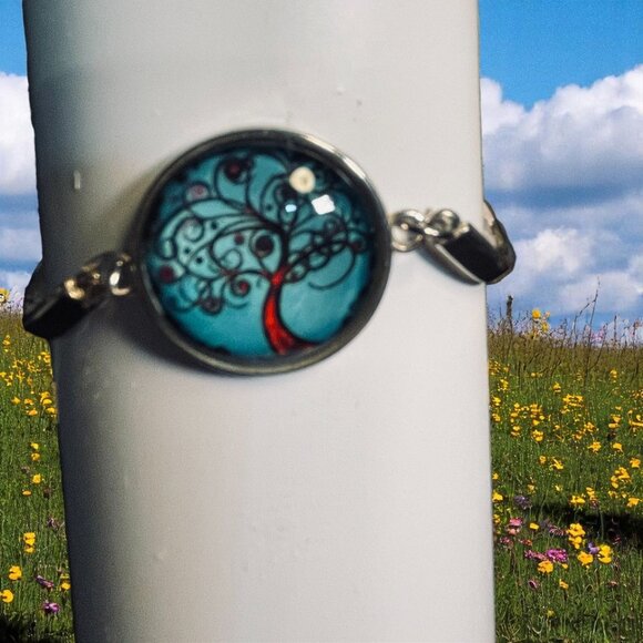 Tree Of Life Bracelet Blue Glass Cabochon Silver Boho Nature Jewelry Spiritual - Picture 1 of 7